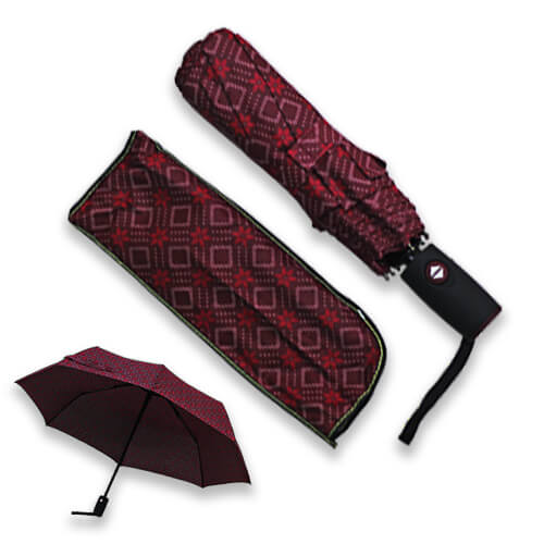 Mini Parapluie Automatique - Losanges et Fleurs Bordeau - un-parapluie.fr