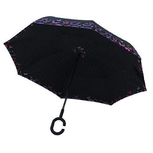Parapluie Inversé - Noir à Pois Blanc Bordure Papillons RV - un-parapluie.fr